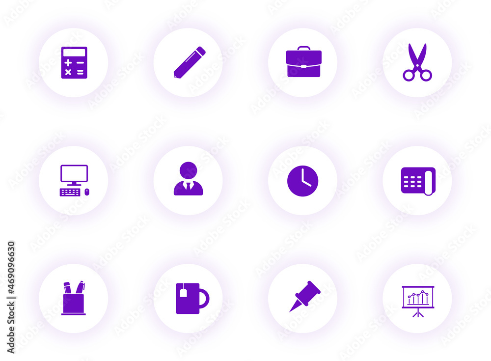 Poster office purple color vector icons on light round buttons with purple shadow. office icon set for web,