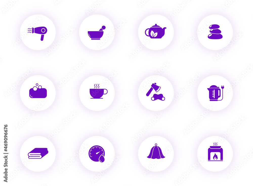 Poster sauna purple color vector icons on light round buttons with purple shadow. sauna icon set for web, m