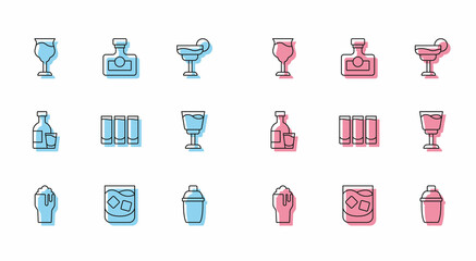 Set line Glass of beer, whiskey, Wine glass, Cocktail shaker, Shot, Bottle vodka with and Alcohol drink Rum icon. Vector