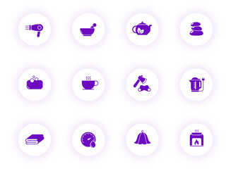sauna purple color vector icons on light round buttons with purple shadow. sauna icon set for web, mobile apps, ui design and print