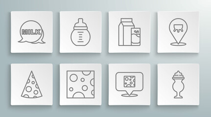 Set line Cheese, Baby milk in a bottle, Milkshake, Paper package for kefir, Udder and Lettering icon. Vector