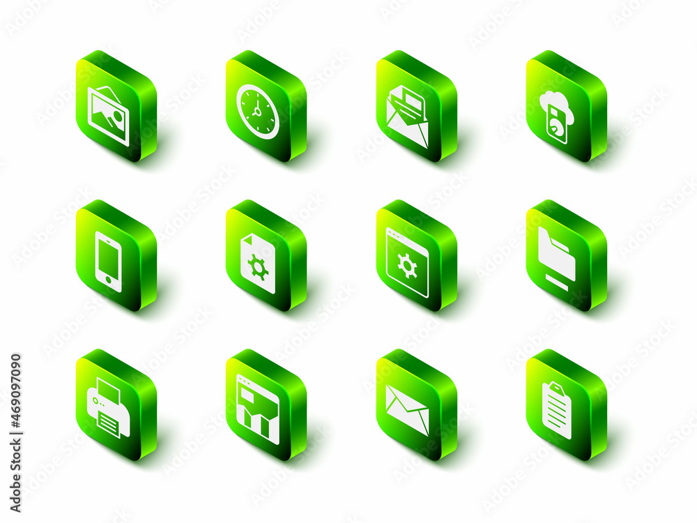 Poster set clock, mail and e-mail, cloud database, document folder, to do list or planning, browser setting