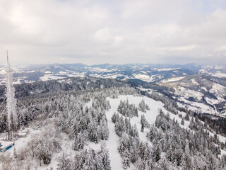 aerial view of trostyan ski mountain in ukraine carpathian mountain