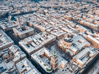Obraz premium aerial view of snowed lviv center