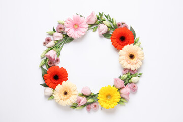 Wreath made of beautiful flowers and green leaves on white background, flat lay. Space for text