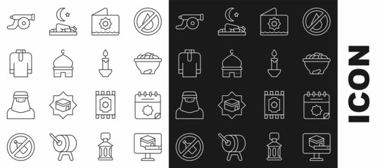 Set line Kaaba mosque, Ramadan calendar, Date fruit in bowl, Octagonal star, Muslim Mosque, Shirt kurta, cannon and Burning candle icon. Vector