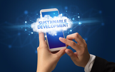 Hand using smartphone with cloud business concept