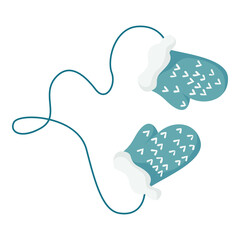 Pair of blue knitting mittens. Vector illustration in doodle style isolated on white background.