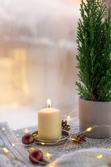 Christmas decor on windowsill. Potted Christmas tree with decorations and lights near window at home