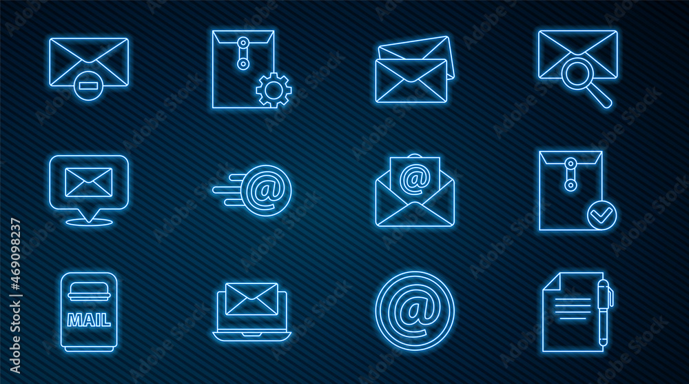 Poster set line document and pen, envelope check mark, mail e-mail, speech bubble with envelope, delete, an