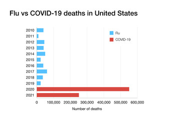 Comparison of flu vs COVID-19 deaths in United States from 2010 to 2021
