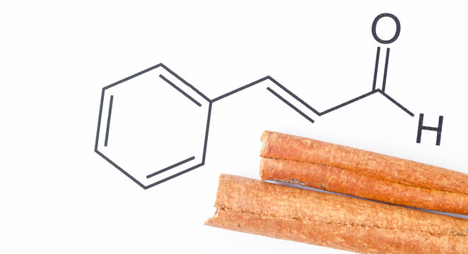 Aromatic cinnamon and Cinnamaldehyde, chemical structure and formula.