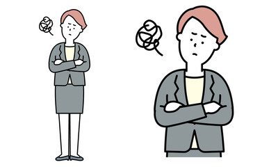 腕組みして悩んでいるスーツ姿の女性のイラスト素材
