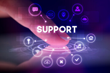 Finger touching tablet with web technology icons concept