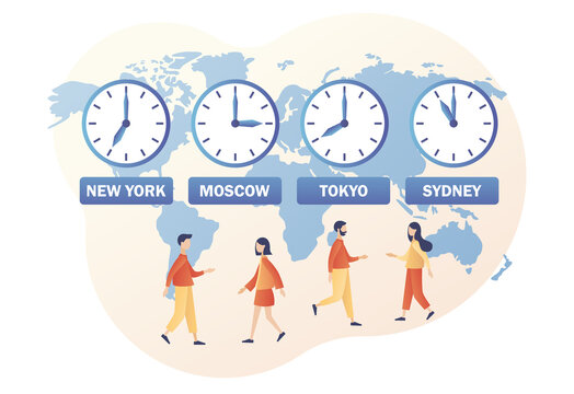 Time zones in world. Clocks showing local timezone. International time and date. Tiny people business worldwide. Modern flat cartoon style. Vector illustration on white background