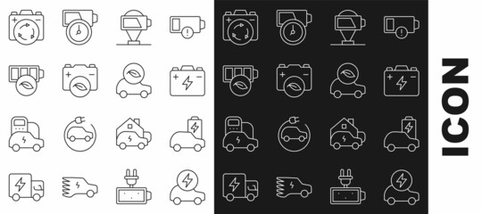 Set line Electric car, Car battery, Battery charge, Eco nature leaf, with recycle symbol and icon. Vector