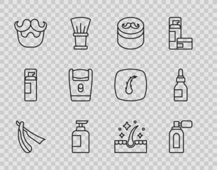 Set line Straight razor, Aftershave with atomizer, Gel wax for hair styling, Bottle of shampoo, Mustache and beard, Electric blade, Oil care treatment and bottle icon. Vector