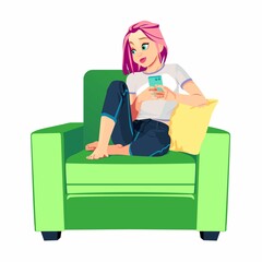 Cartoon girl with phone sitting on th armchair