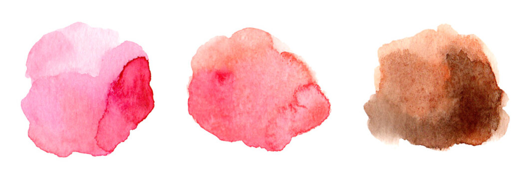 Set of watercolor rounds in pink and brown colors, shade. Spots on canvas texture for print, cover and invitation cards. Paint brush circles collection for design in floral tone. Isolated illustration