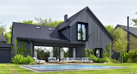Black house with pool. Modern architecture - 469100290