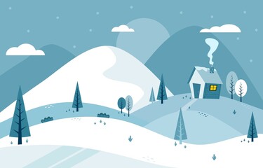 Blue Mountain and Hills Village Winter Landscape Scenery