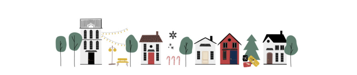Winter and christmas cityscape on white. Vector illustration of winter city, christmas town, village. 