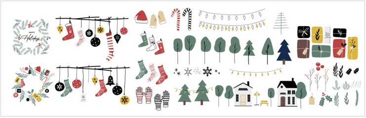 Christmas and winter Holiday icon graphic set for seasonal messages and artwork. Vector graphic elements of christmas tree, ornaments, leaf, wreath, stocking, gifts, santa hat, and cute houses-Bundle 
