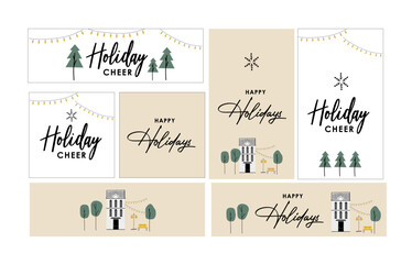 Christmas, Winter Holiday Web Graphic Banner Set. Minimalist modern illustration with placeholder typography. Vector multiple banner sizes. 