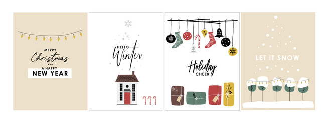 Merry Christmas and Happy New Year Set of backgrounds, greeting cards, posters, holiday covers. Design templates with typography, season wishes in modern minimalist style for web, social media, print 