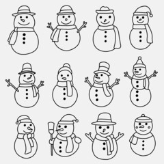 doodle freehand sketch drawing of a snowman collection.