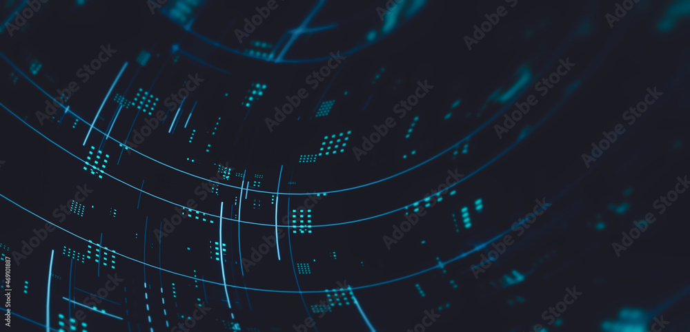 Poster 3D Rendering of abstract technology. Computer circuit dots, curve lines and blur binary data. For deep machine learning, crypto currency, hi tech product, business technology background