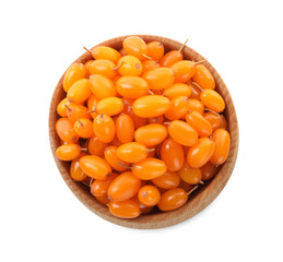 Fresh ripe sea buckthorn berries in bowl on white background, top view