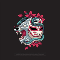 Obraz premium japanese kitsune wolf vector illustration design
