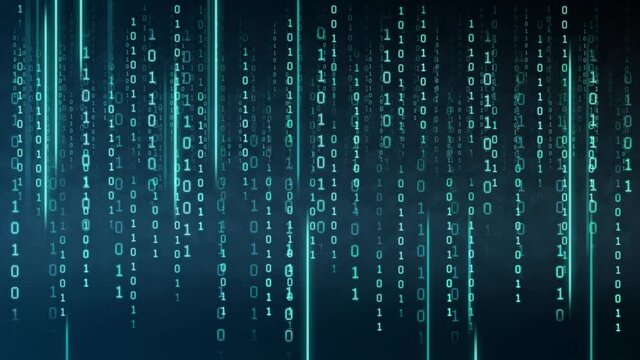 Binary code on a dark background. Abstract animated background from particles of a computer program. Hacker attacks and cyber security concept.