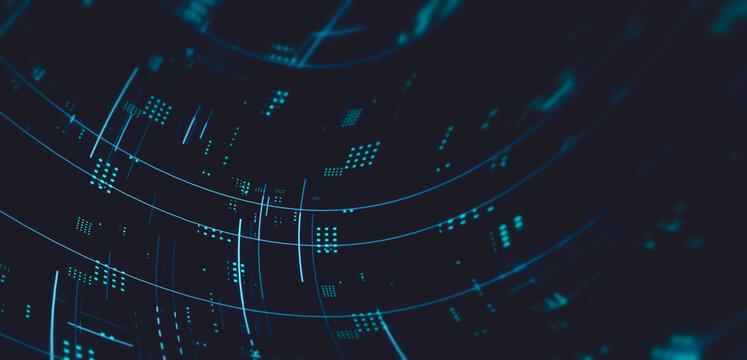3D Rendering of abstract technology. Computer circuit dots, curve lines and blur binary data. For deep machine learning, crypto currency, hi tech product, business technology background