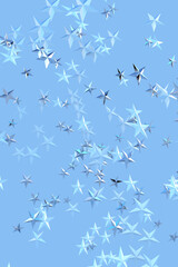 3d abstract blue background with silver stars. Poster design decorated with ornaments levitate. Festive template