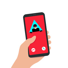 Spam Call to your Smartphone. Hacker attack. The concept of spam data, insecure connection, online fraud and malware through fake calls, phishing, social engineering. Vector illustration i