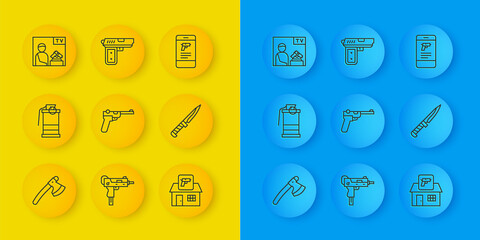 Set line Wooden axe, Hand smoke grenade, Mauser gun, Hunting shop weapon, Military knife, Advertising, Shop mobile app and Pistol or icon. Vector