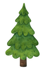 The image green fir tree. Watercolor illustration of a cartoon Christmas  tree. The clipart spruce is isolated on a white background. Decorative print for natural, forest design and New Year