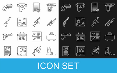 Set line Gun magazine and bullets, Weapon case, Bayonet rifle, Firearms license certificate, Advertising weapon, Revolver gun, Small revolver and Tommy icon. Vector