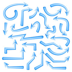 Set of blue arrows pointers with soft turns isolated on white. Direction pointer. Vector illustration.