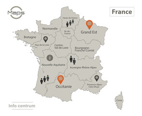 France map, individual regions with names, Infographics and icons vector