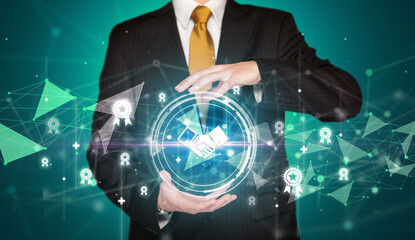 Businessman holdig business icons concept