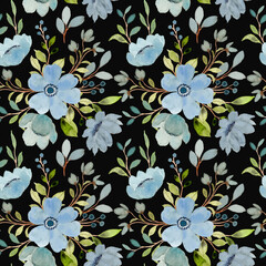 Seamless pattern of watercolor floral on black background