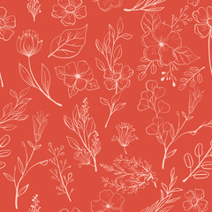 Seamless floral pattern with one line flowers. Vector hand drawn illustration. Design for textile, fabric, banner, poster, card, invitation and scrapbook