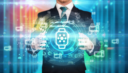 Businessman holding technology icon concept