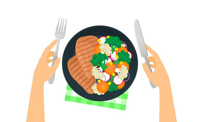 hands holding fork and knife  grilled chicken breast healthy salad with broccoli cauliflower carrot radish red onion on plate top view vector illustration - 469104675