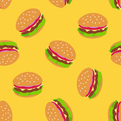 delicious burgers cheeseburgers seamless pattern on yellow background vector illustration - obrazy, fototapety, plakaty