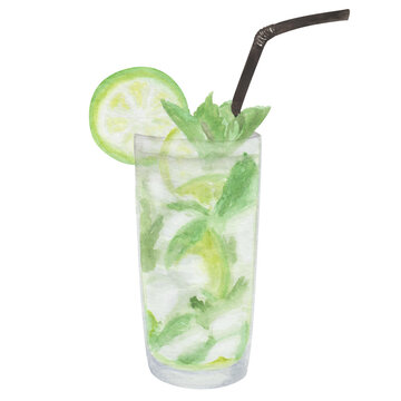 recommend clip art: Watercolor hand painted mojito cocktail in glass with straw and slice green lime, mint, cubical ice. Isolated clip art of refreshment for decoration menu in restaurant, cafe. Alcohol beverage drink