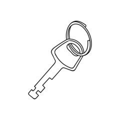 House key outline. Sketch of an object that opens a door lock, safe, keychain ring. Hand drawn thin line art vector illustration. Isolated simple element.